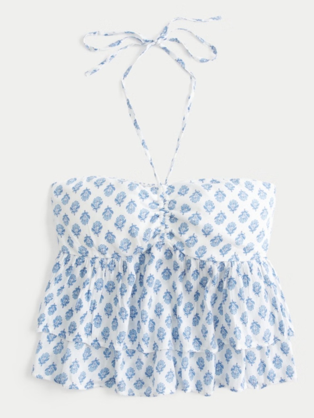 Hollister Tied Tiered Halter Babydoll Top Floral Blue and White Smock Size XXS - Picture 1 of 7